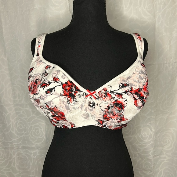 Cacique Other - CACIQUE red, black, and white floral print light padded bra. Size 40 F.
